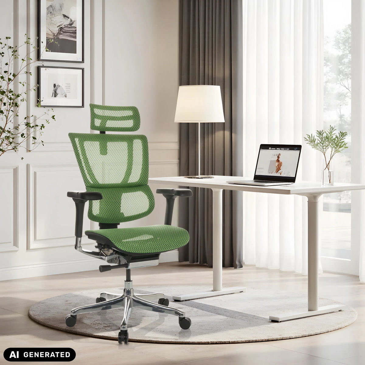 Grüner Luxus-Chefsessel ERGOHUMAN SLIM GEN2 mit Netzrücken an einem weißen Schreibtisch von hjh OFFICE (KI-generiertes Bild)