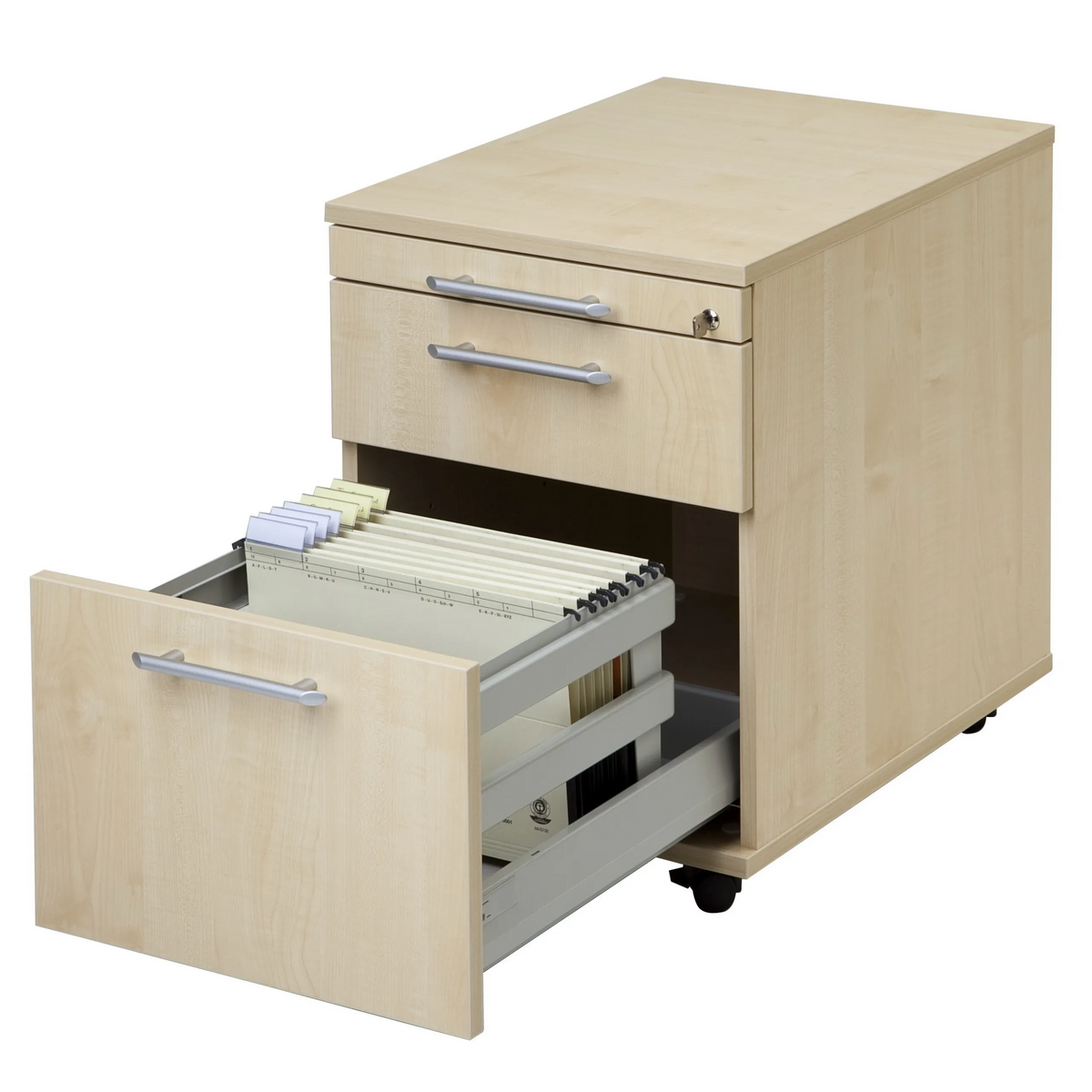 System Rollcontainer SIGNA AC20 in Asteiche mit zwei Schubladen, Metall-Bügelgriffen und Rollen von hjh OFFICE PRO