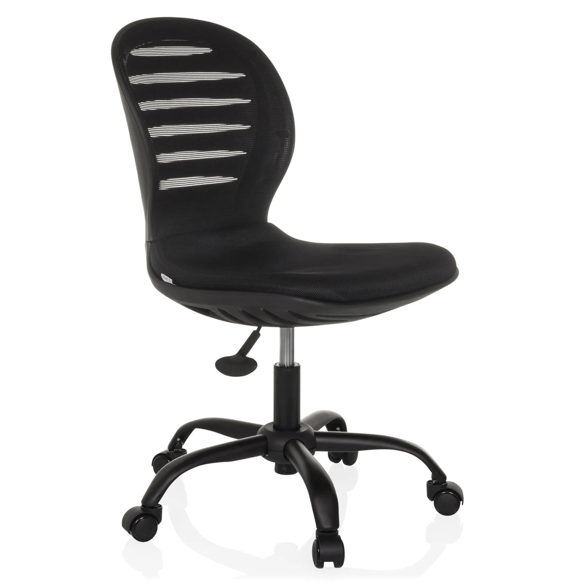 Schwarzer Homeoffice-Bürostuhl CASLA mit Netzrücken und Fußkreuz mit fünf Rollen von hjh OFFICE – 360-Grad-Ansicht (schräge Frontansicht 45°)
