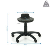 Maßzeichnung des Laborstuhls Labsto mit einer Breite von 65 cm und einer Höhe von 62 bis 87 cm von Grospol