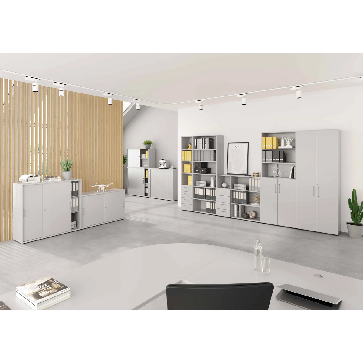 Grauer Kombischrank BETA 9 mit Türen und offenen Regalfächern von hjh OFFICE PRO