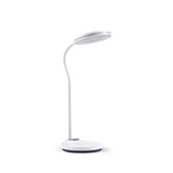 Weiße Schreibtischlampe Lumanova D5 mit rundem Fuß und flachem, kreisförmigem Lampenkopf von hjh OFFICE – 360-Grad-Ansicht (Frontansicht 15°)