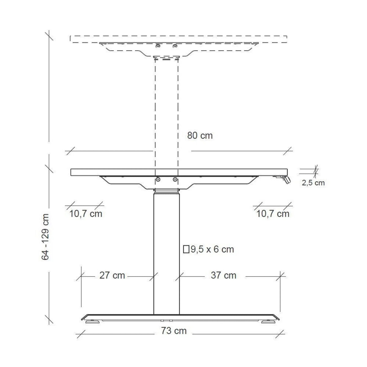 Maßzeichnung des elektrisch höhenverstellbaren Schreibtisches XDKB 16 W mit einer Höhe von 64–129 cm von hjh OFFICE PRO