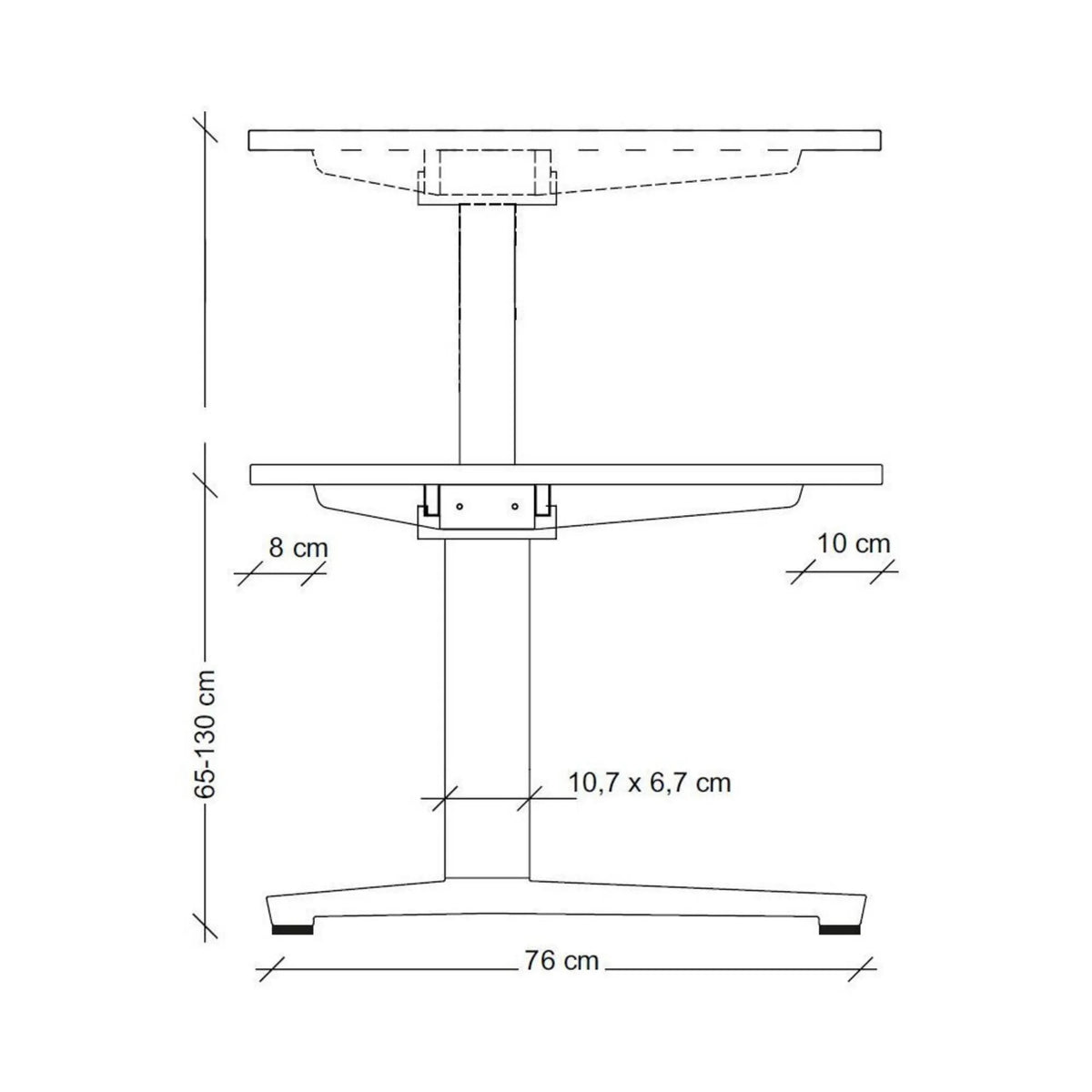 Maßzeichnung des elektrisch höhenverstellbaren Schreibtisches XBHM 12 WC mit einer Höhe von 65-130 cm von hjh OFFICE PRO