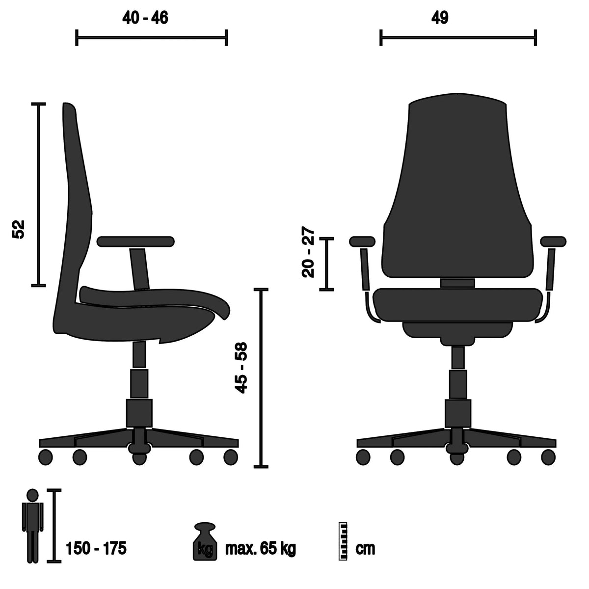 Technische Zeichnung des Kinderdrehstuhls ERGOJUNIOR BS mit einer Sitzhöhe von 45 bis 58 cm von Grospol
