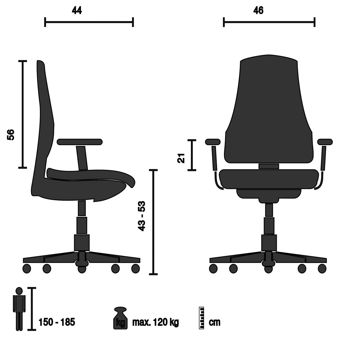 Technische Zeichnung des Home-Office-Bürostuhls BELIO mit einer maximalen Belastbarkeit von 120 kg von hjh OFFICE