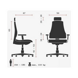 Technische Zeichnung des Profi-Bürostuhls HEAD POINT RS mit maximal 110 kg Belastung von Topstar