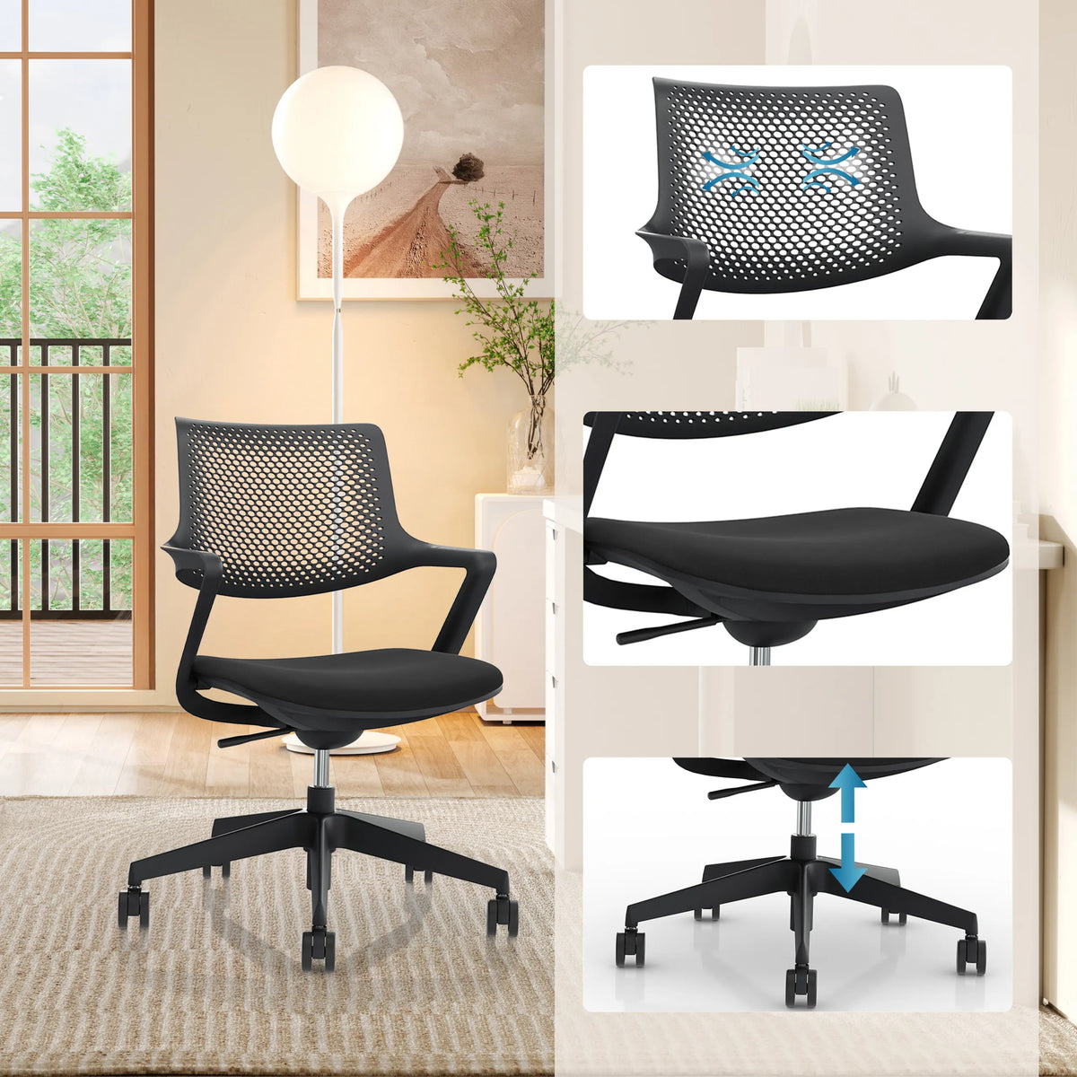 Schwarzer Bürostuhl FLEX CHAIR mit Netzrückenlehne, Sitzfläche und höhenverstellbarem Fußkreuz von Bosen Europe