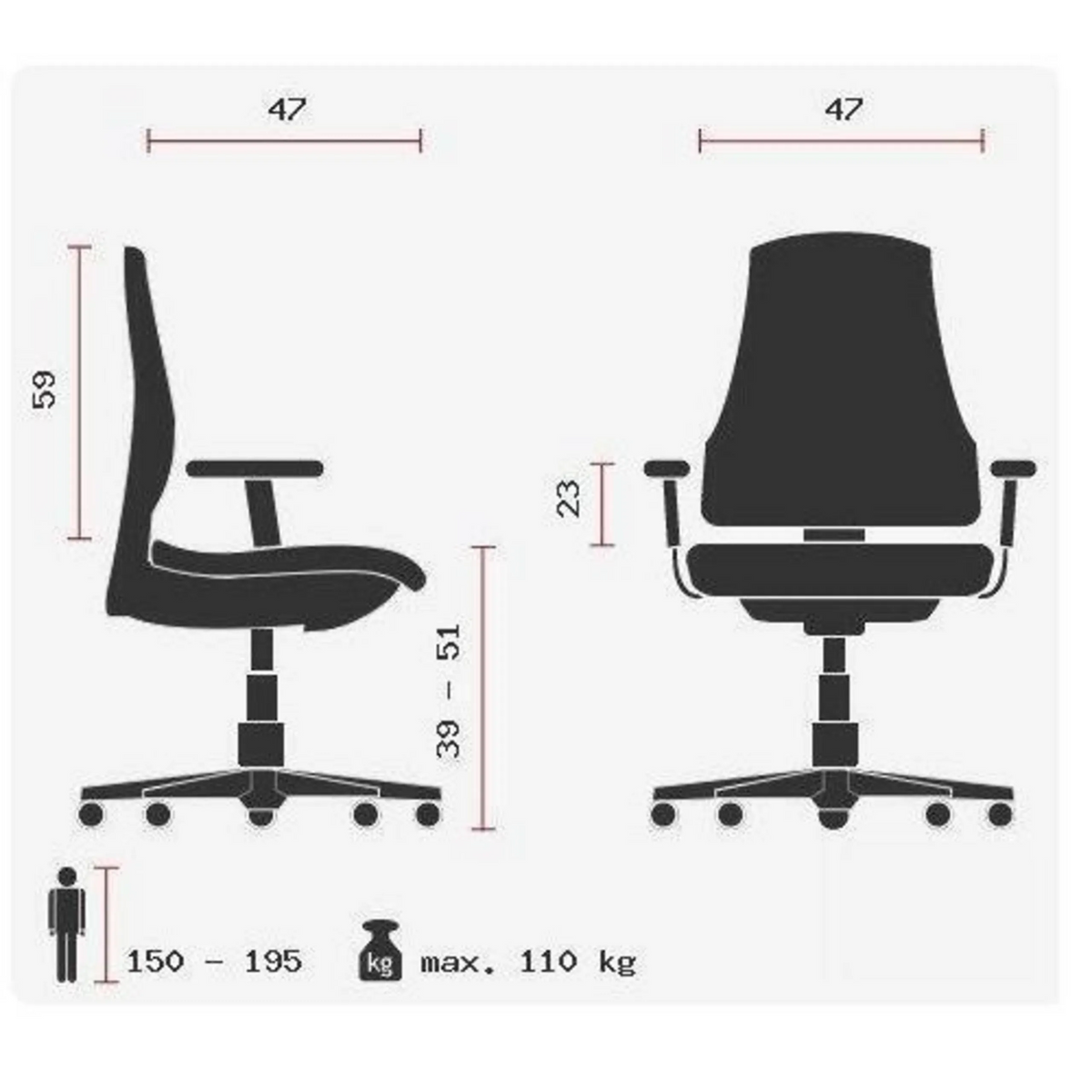 Technische Zeichnung des Profi-Bürostuhls HJH SOLUTION DELUXE AL.U2 mit einer maximalen Belastbarkeit von 110 kg von Topstar