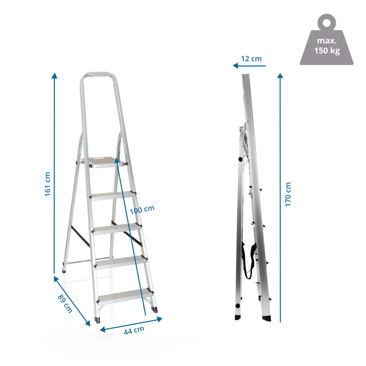 Maßzeichnung der Klappleiter SOLID III mit einer Höhe von 170 cm und 150 kg Traglast von hjh OFFICE