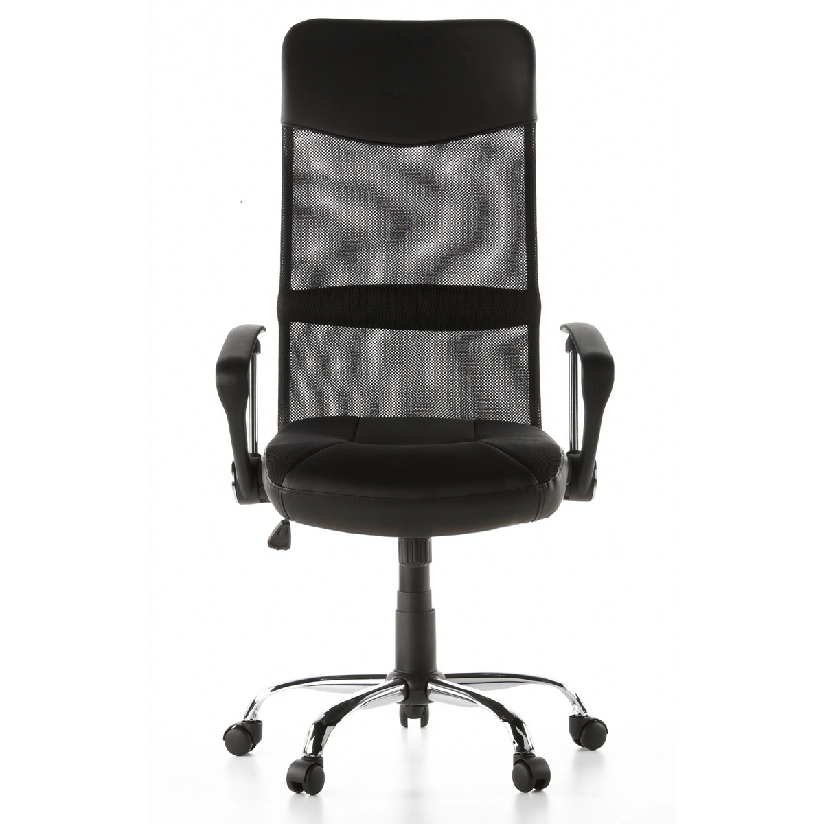 Schwarzer Homeoffice Chefsessel STRYKA mit Netzrücken, Kunstledersitz und Fußkreuz von hjh OFFICE – 360-Grad-Ansicht (Frontansicht 0°)