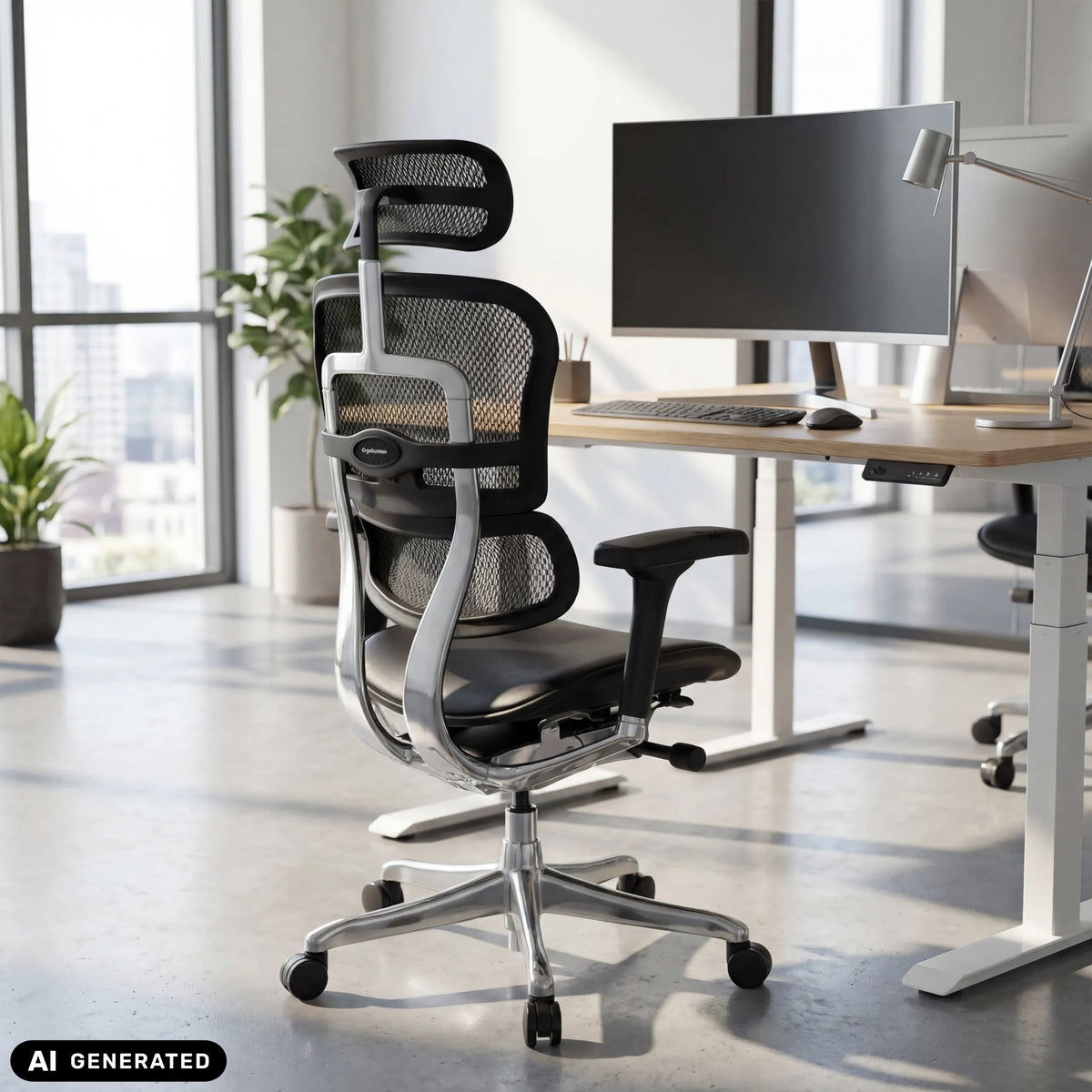 Luxus-Chefsessel ERGOHUMAN GEN2 mit Netzrückenlehne und Lederbezug in Schwarz von hjh OFFICE (KI-generiertes Bild)