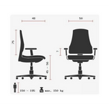 Technische Zeichnung des XXL Drehstuhls ZERO 70 XL L mit maximal 150 kg Belastbarkeit von Sitwell Steifensand