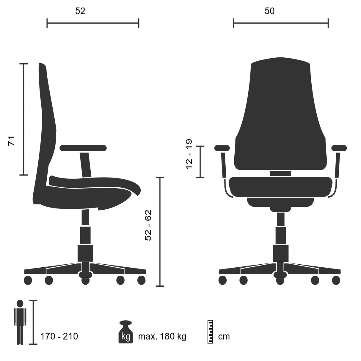 Technische Zeichnung des Drehstuhls BUILDER XXL I mit einer maximalen Belastbarkeit von 180 kg von hjh OFFICE