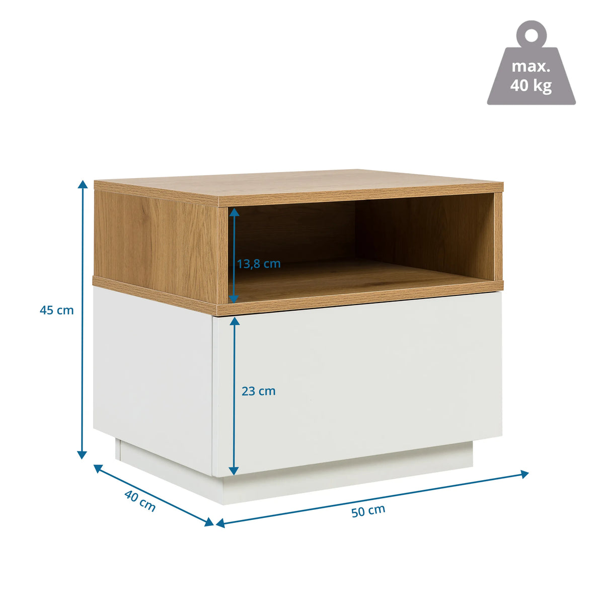 Maßzeichnung des Beistelltischs MELMO in Weiß und Eiche mit 50 × 40 cm von hjh LIVING