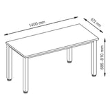 Maßzeichnung des Schreibtischs QUEO 614 S mit den Maßen 1400 mm Länge, 672 mm Tiefe und 685-810 mm Höhe von hjh OFFICE PRO