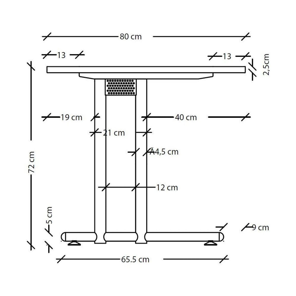 Maßzeichnung des Schreibtischs NANO 12 S der Serie NANO mit einer Höhe von 72 cm von hjh OFFICE PRO