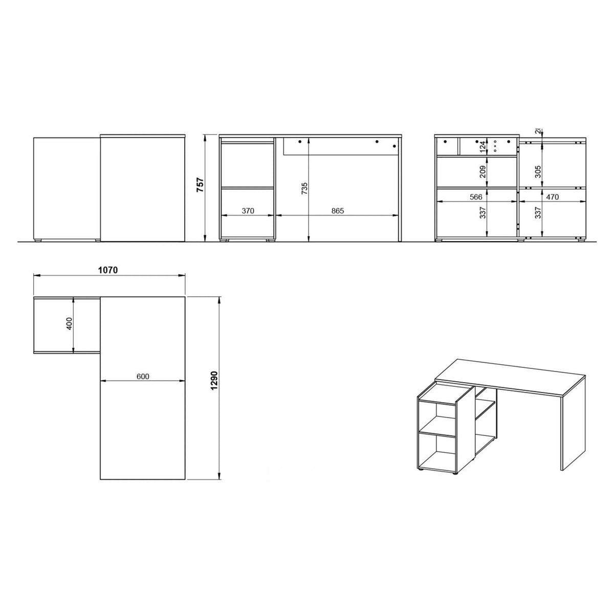 Technische Zeichnung des Eckschreibtisches AUSTIN G2 mit 1290 × 1070 mm von Germania