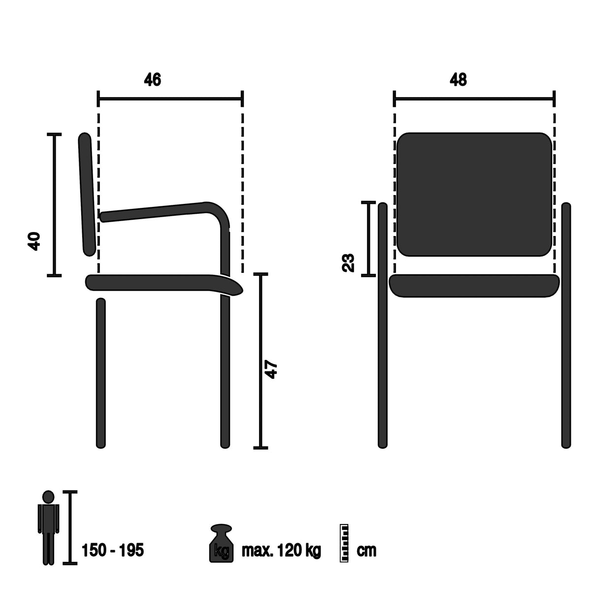 Technische Zeichnung des Esszimmerstuhls SCALLORE mit einer maximalen Belastbarkeit von 120 kg von hjh LIVING