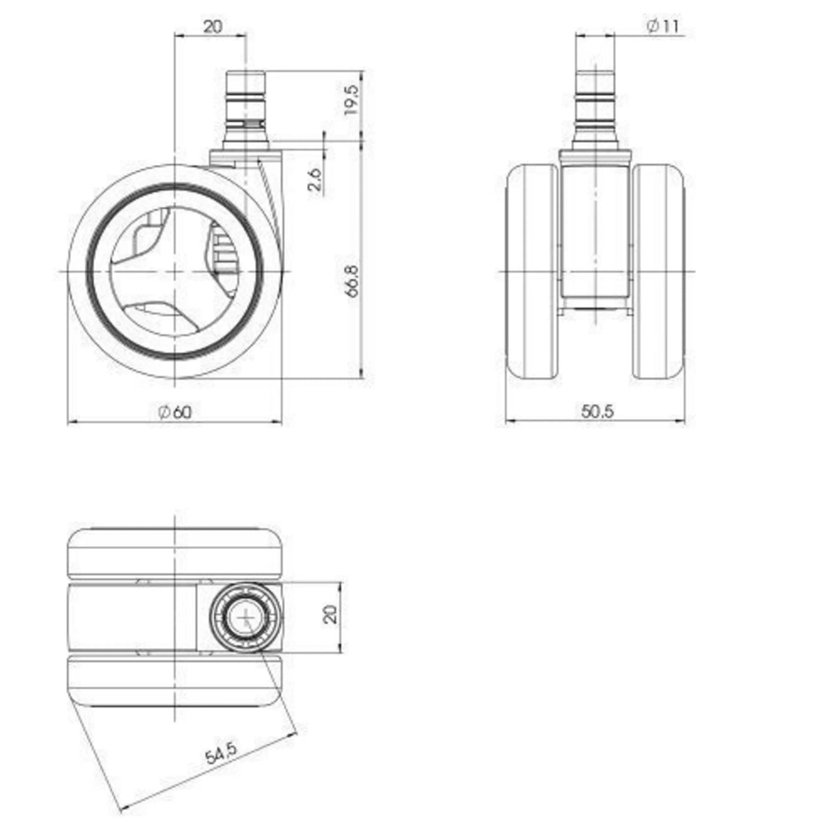 Technische Zeichnung der Stuhlrolle 5x ROLO GAME No-Noise 11mm/60mm mit einem Durchmesser von 60 mm von hjh OFFICE