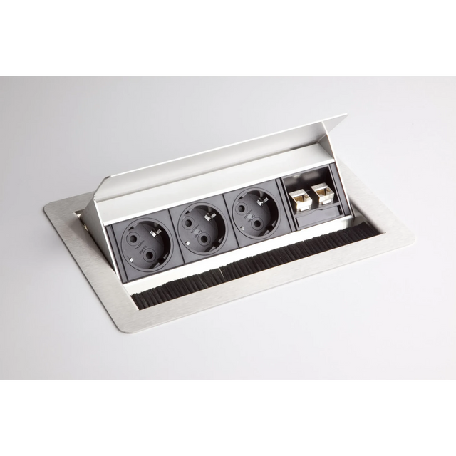 Silbernes Zubehör ELDATA0 mit drei Steckdosen und zwei RJ45-Anschlüssen von hjh OFFICE PRO