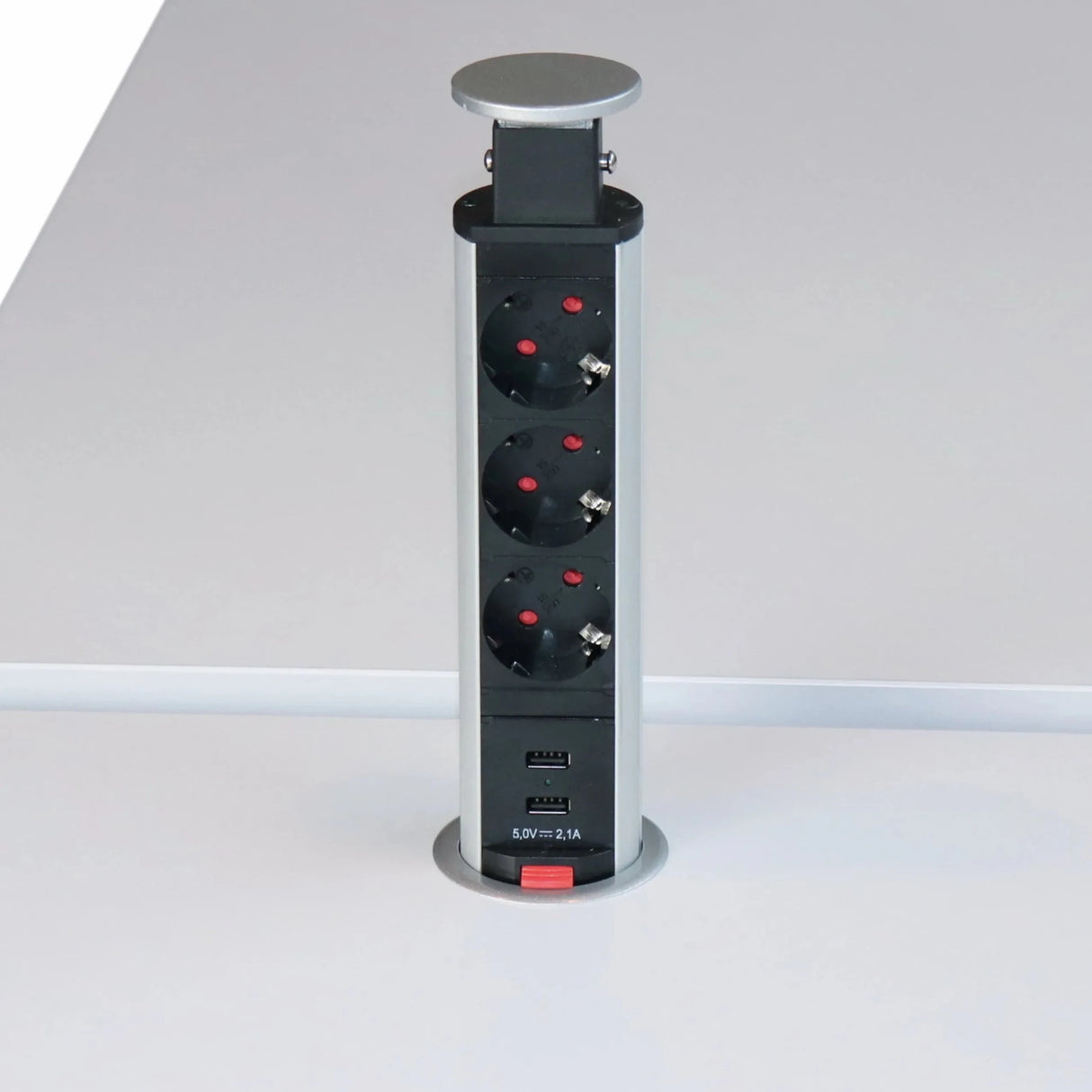 Zubehör ELDO601 als silberner Steckdosentower aus Aluminium mit drei Steckdosen und zwei USB-Ports von hjh OFFICE PRO