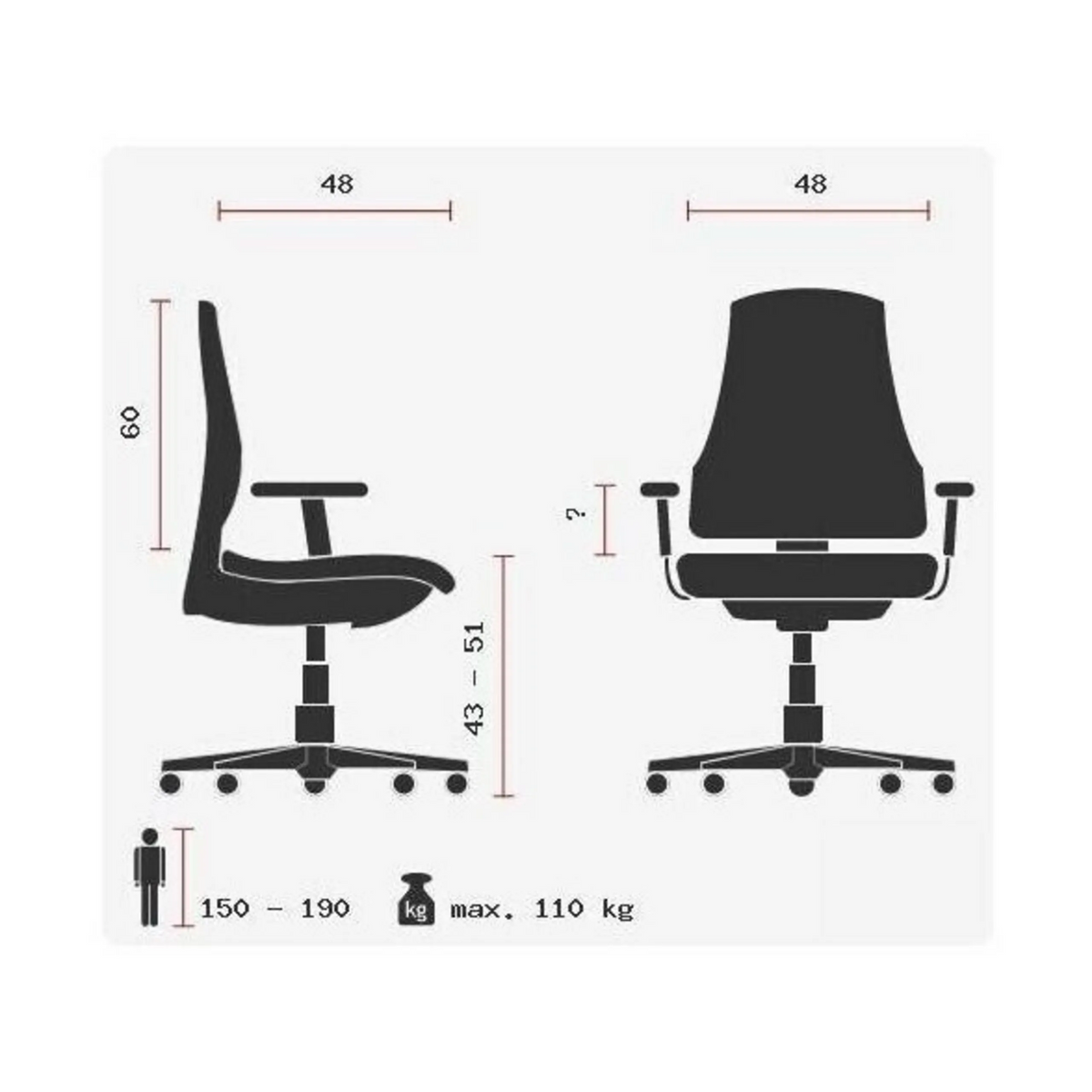 Technische Zeichnung des Profi-Bürostuhls Open Point SY Q3 mit einer maximalen Belastbarkeit von 110 kg von Topstar