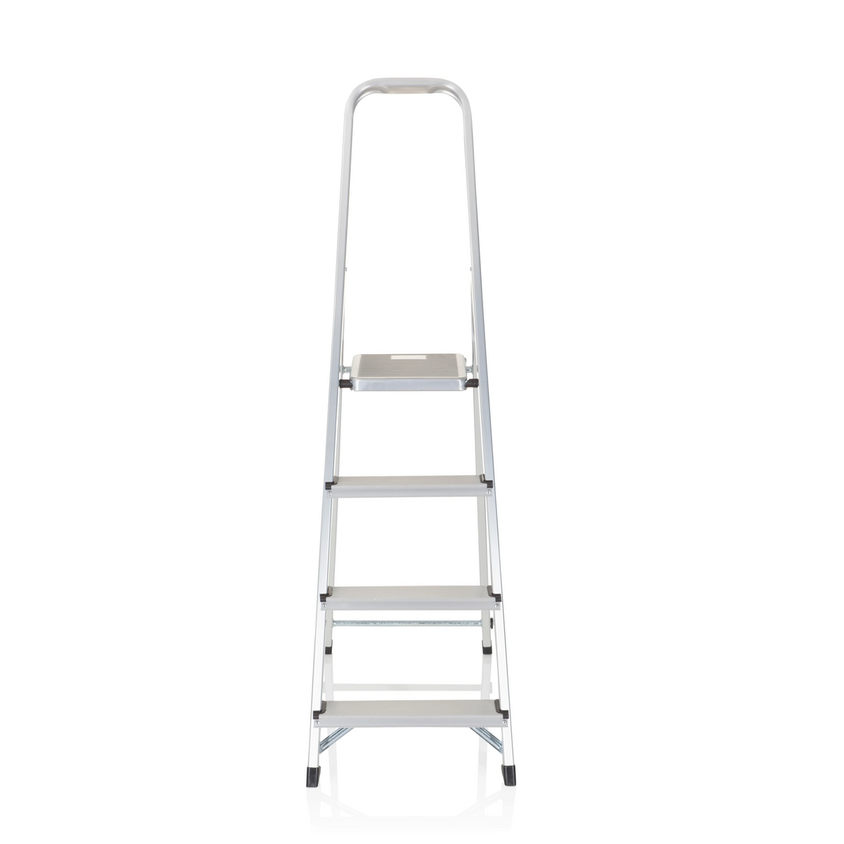 Silberne Klappleiter SOLID II aus Aluminium mit vier Stufen und Handgriff von hjh OFFICE – 360-Grad-Ansicht (Frontansicht 0°)