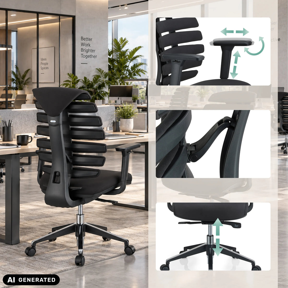 Verstellbare Armlehnen und Gasfeder des Profi-Bürostuhls ERGO LINE II in Schwarz von hjh OFFICE