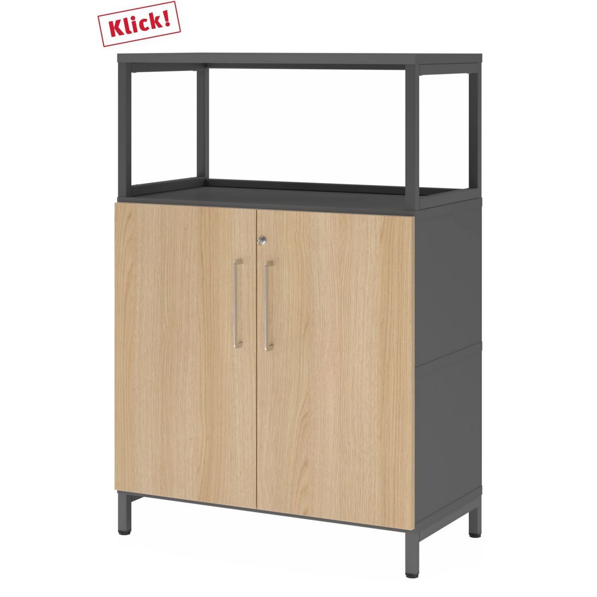 Schrank FlexWall in Graphit und Eiche mit zwei Türen, offenem Aufsatzrahmen und Sockelgestell von hjh OFFICE PRO