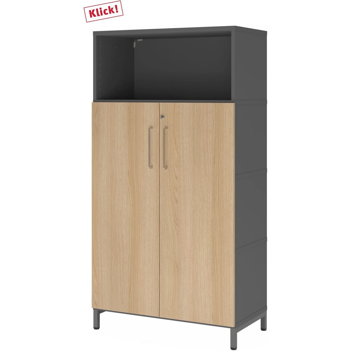 Aktenschrank FlexWall in Graphit und Eiche mit zwei Türen, offenem Fach und Sockelgestell von hjh OFFICE PRO