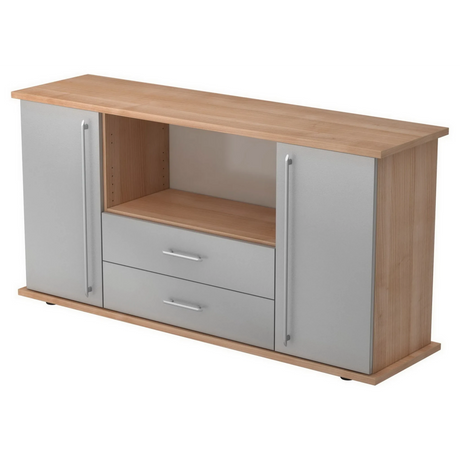 Sideboard KAPA SB in Nussbaum-Optik mit silbernen Fronten, zwei Schubladen und Relinggriffen von hjh OFFICE PRO