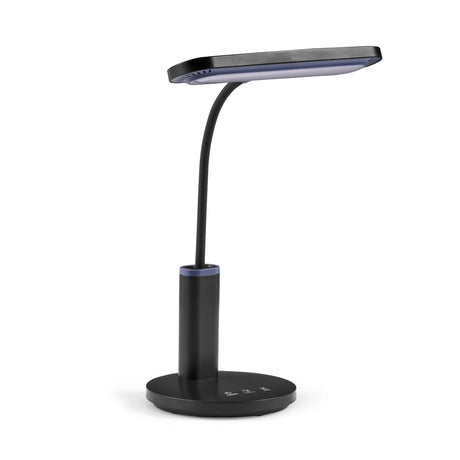 Schwarze Schreibtischlampe Lumanova D4 mit flexiblem Schwanenhals und flachem Lampenkopf von hjh OFFICE