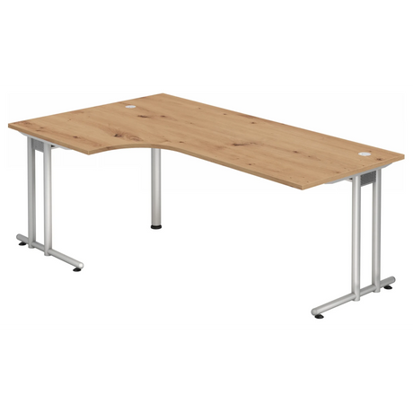 L-förmiger Schreibtisch NANO 82 S in Asteiche mit silbernem Gestell und zwei Kabelauslässen von hjh OFFICE PRO