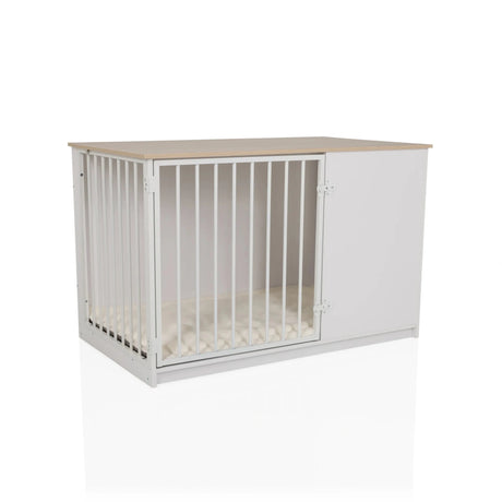 Hundebox PAWHOME XL in Weiß und Eiche mit Gittertür und heller Liegefläche von hjh LIVING