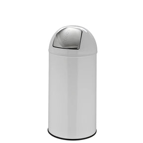 Weißer Mülleimer PUSH 35L mit glänzender Oberfläche und silberfarbenem Push-Deckel von hjh OFFICE