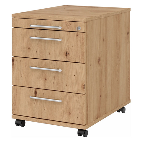 System Rollcontainer SIGNA AC30 in Asteiche-Optik mit silbernen Relinggriffen und vier Rollen von hjh OFFICE PRO