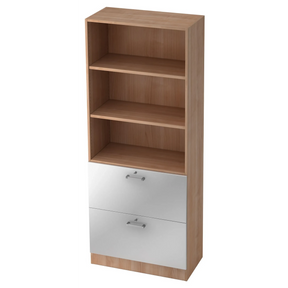 Regal SIGNA G 7300 in Nussbaum-Optik mit drei offenen Fächern und zwei silbernen Schubladen von hjh OFFICE PRO