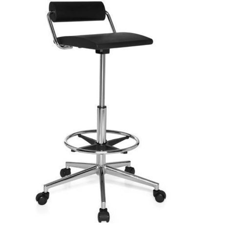 Schwarzer Drehhocker TOP WORK 28 mit verchromtem Gestell, Fußring und Rollen von hjh OFFICE