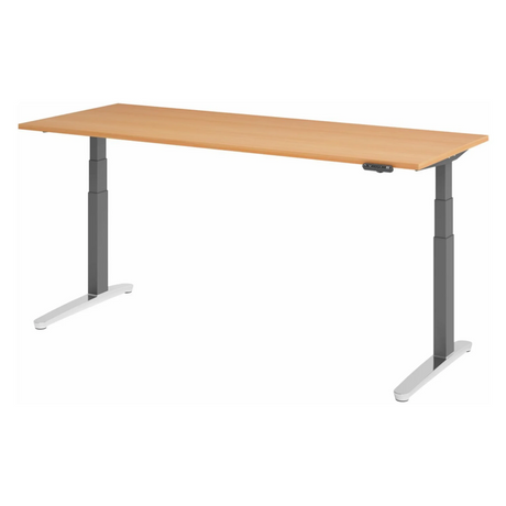 Elektrisch höhenverstellbarer Schreibtisch XBHM 20 GC in Buche mit grauen Beinen und Bedienfeld von hjh OFFICE PRO