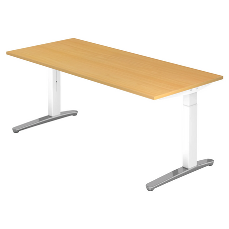 Höhenverstellbarer Schreibtisch XTRA XB 19 WC in Buche mit weißen Beinen und silbernen Füßen von hjh OFFICE PRO